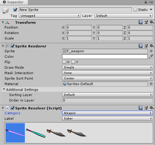 Inspector view of Sprite Resolver Component, with visual selector.