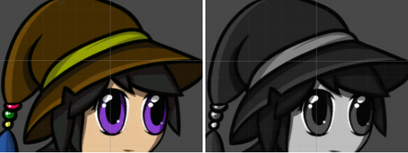Example character in color in the left-hand image, and in greyscale in the right-hand image.