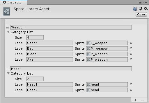 Inspector view of Sprite Library Asset