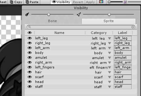 The Category and Label setup for the greyscale character.