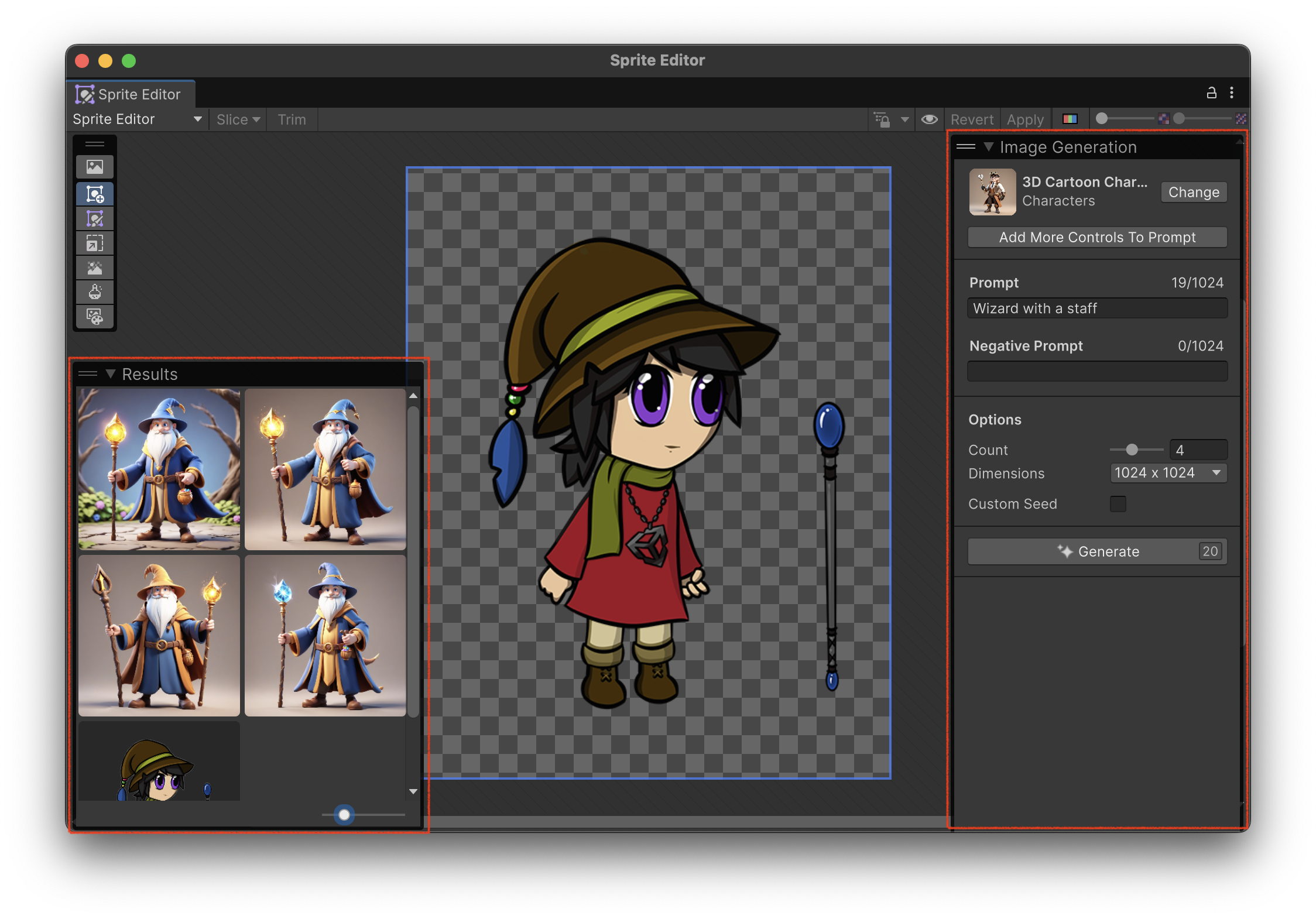 The Sprite Editor window, with the Image Genereation window on the righthand side, and the Results window in the bottom-left.