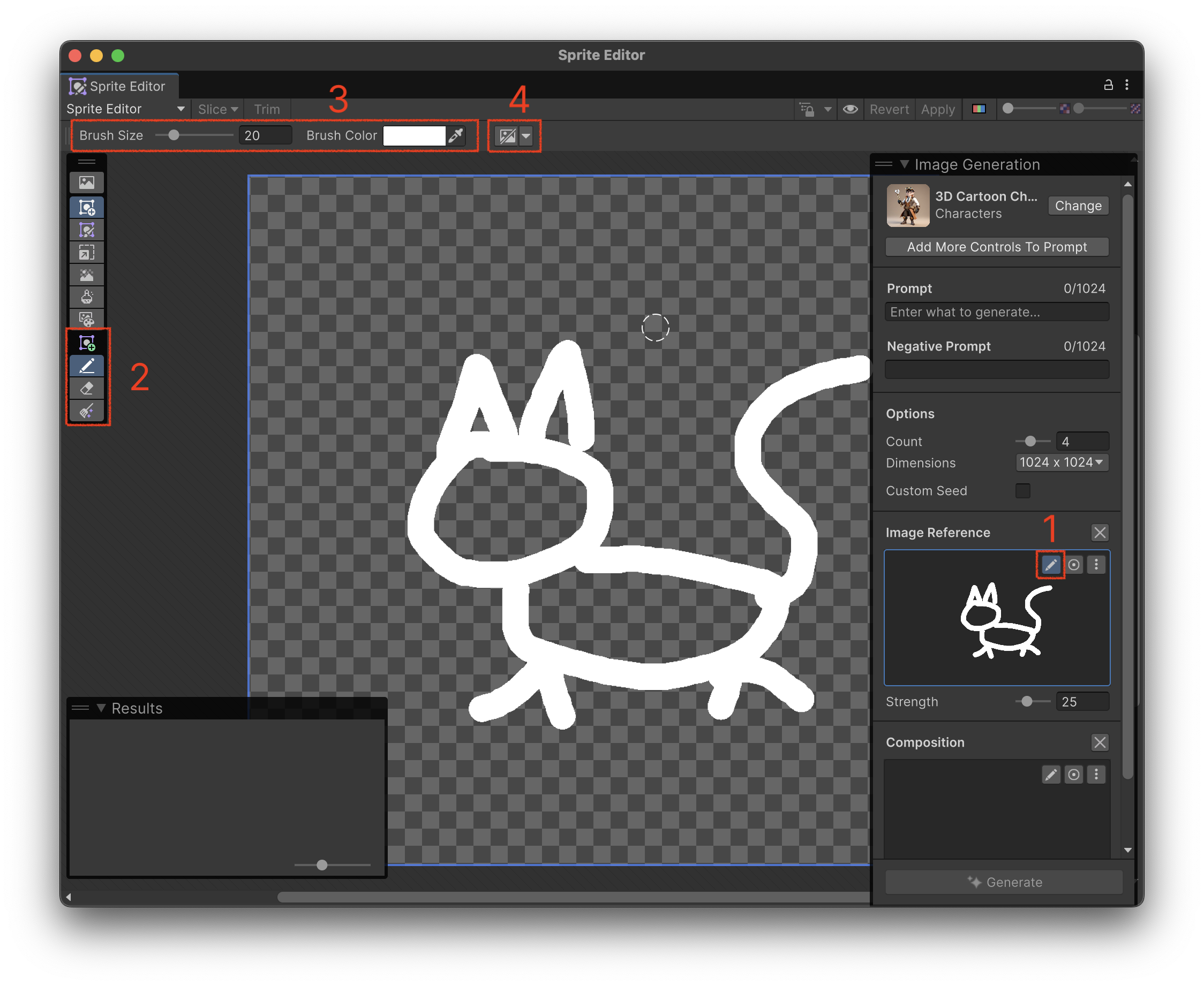 The Sprite Editor window with the Edit button in the Image Generation window on the right (1), the Tools overlay on the left (2), the tool settings at the top (3), and the Hide Sprite button at the top-right.