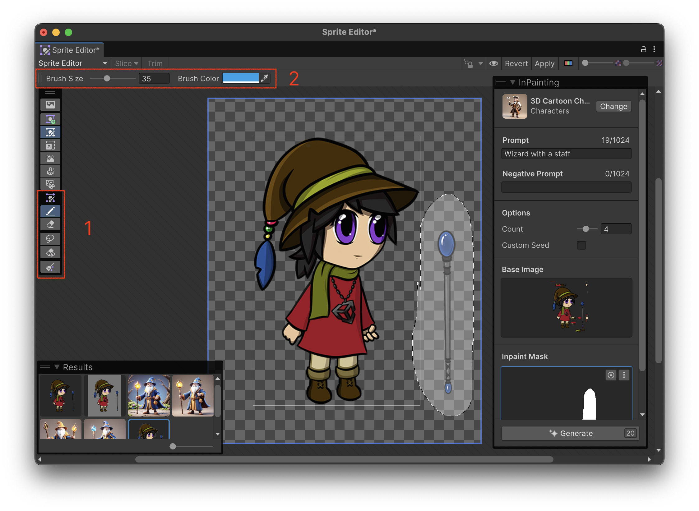 The Sprite Editor window with the tools overlay on the left (1), and the settings for the tool at the top (2)