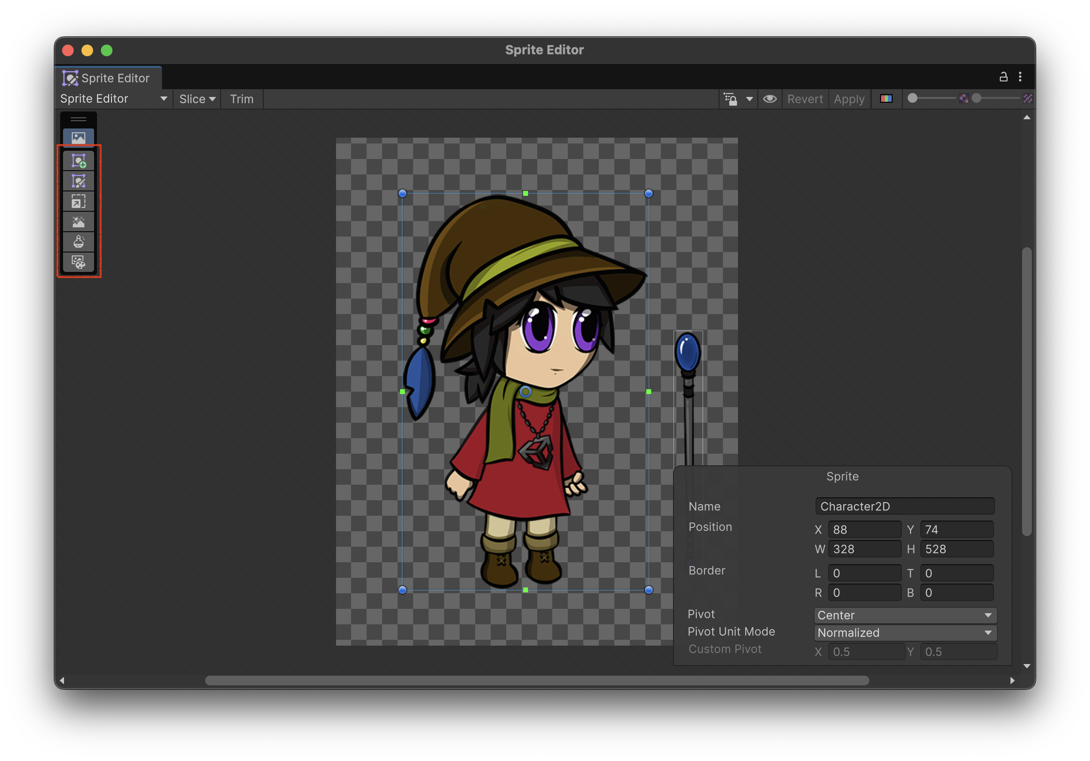 The Sprite Editor window with 2D Enhancers enabled. To the left of the sprite is a new overlay containing six new buttons.