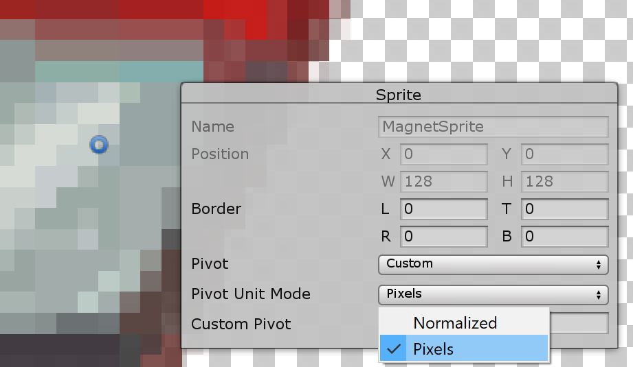 The Sprite panel in the Sprite Editor window, with the Custom Pivot property set to Pixels