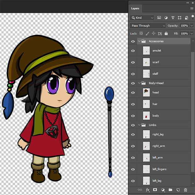 Character artwork in Photoshop with different parts separated into ...