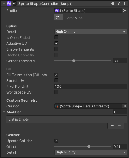 Sprite Shape Controller property settings