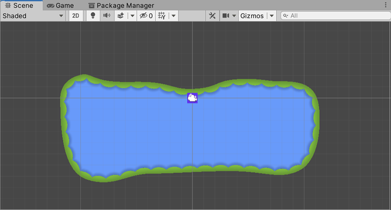 Example of a Sprite Shape in the Scene window. It shows a freeform shape with a blue interior framed by green tiled edge geometry.