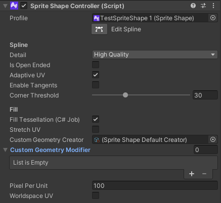 Sprite Shape Controller property settings