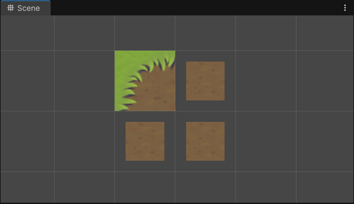 The Scene view after drawing with the example 2 × 2 auto tile. When you paint four tiles to represent a large square area of floor, Unity recognizes and uses the top-left corner sprite.