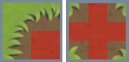 Left: Example of a sprite with a 2 × 2 corner layout. The bottom-right cell has its mask enabled to represent the floor. Right: Example of a sprite with a 3 × 3 crossroads layout. The center cells have their mask enabled to represent the floor.