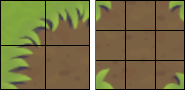 Left: Example of a sprite with a 2 × 2 corner layout. The bottom-right square is the floor, and the other cells are walls. Right: Example of a sprite with a 3 × 3 crossroads layout. The corner cells are walls.