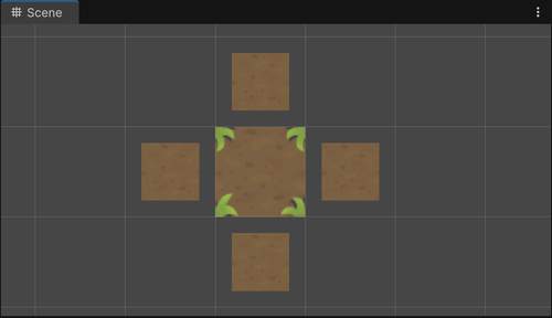 The Scene view after drawing with the example 3 × 3 auto tile. When you paint a crossroads floor, Unity recognizes and uses the crossroads sprite.
