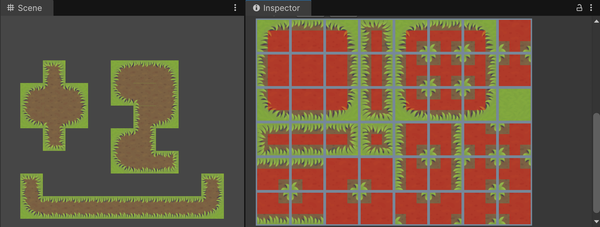 The Scene view with tiles painted using the full example on the right. The full example is a 3 × 3 auto tile texture with all 48 possible floor layouts, and the layout masks in red.