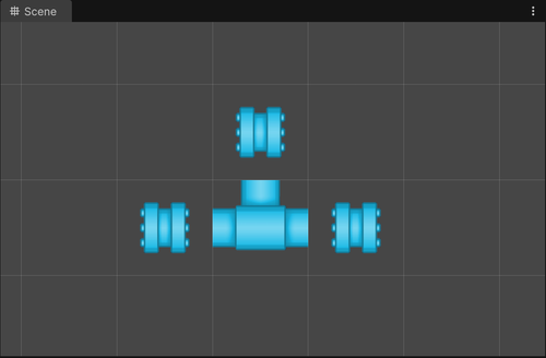 The Scene view with a tilemap that contains an upside-down T of the example rule tiles. The bottom tile uses the T pipe shape.