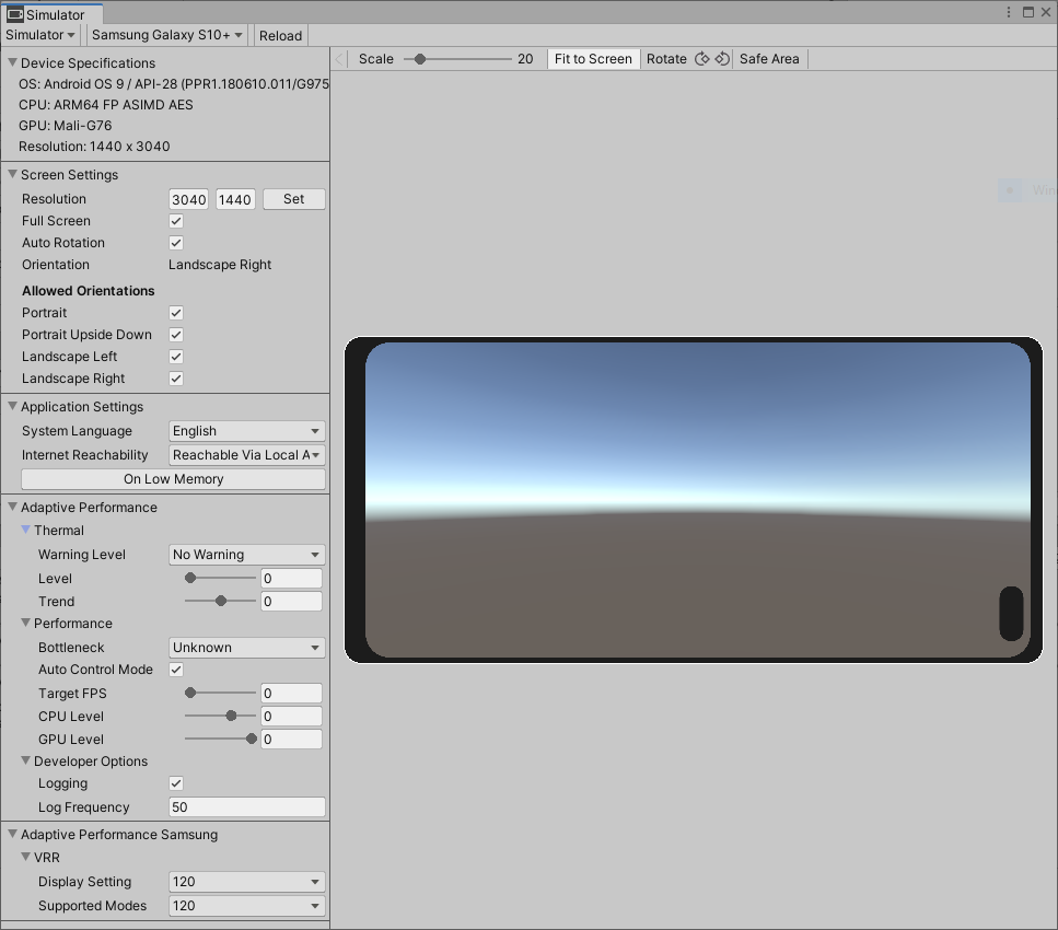 Adaptive Performance Device Simulator settings.