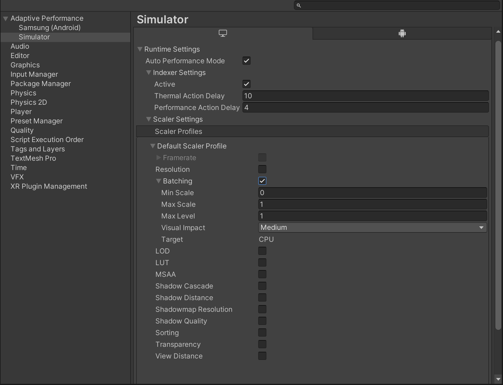 Adaptive Performance Device Simulator Settings.