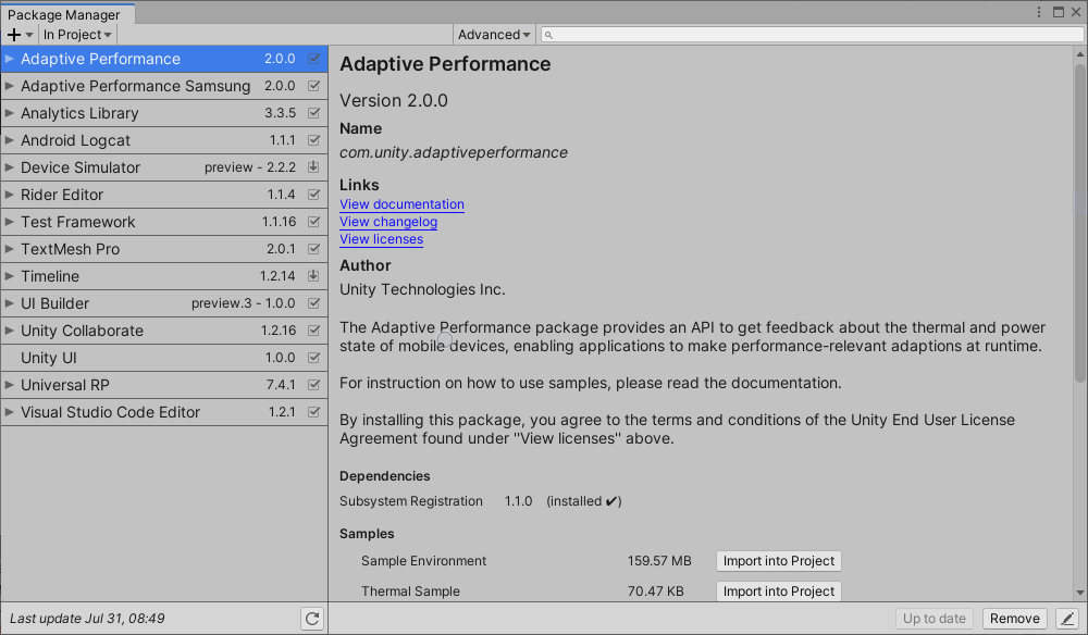 Adaptive Performance package listed and selected to install in the Package Manager.