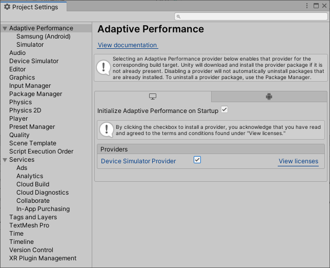 Adaptive Performance Device Simulator settings.