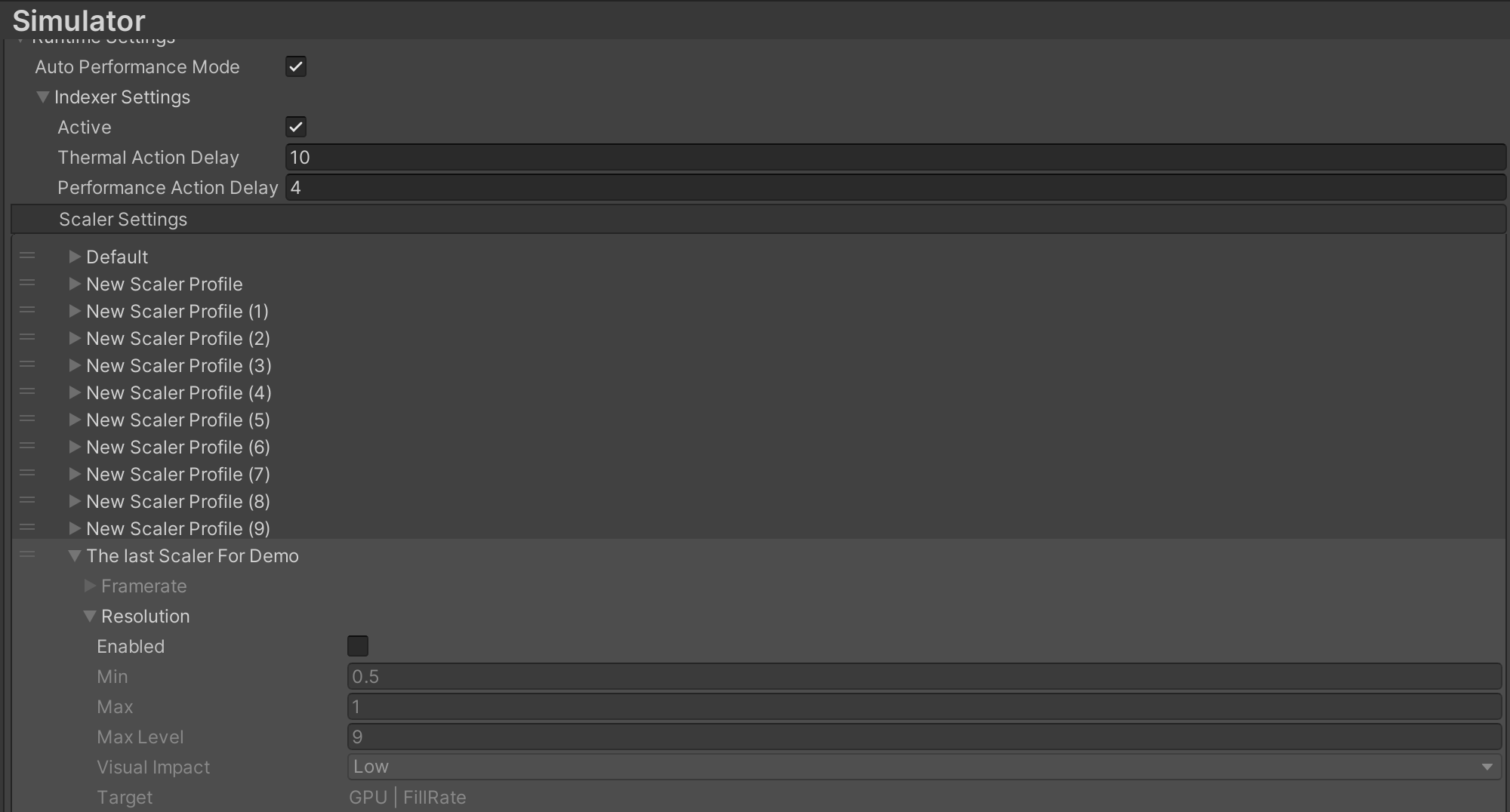 Scaler Profiles in the Adaptive Performance settings.