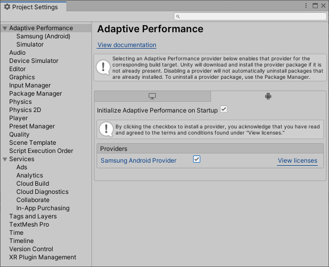 Samsung Android provider in the provider list is installed and ready to use.