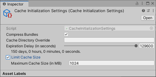 The Inspector window displays the configurable properties of a Cache Initialization Settings asset.