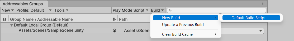 Selecting New Build and Default Build Script from the Build menu of the Addressables Groups window.