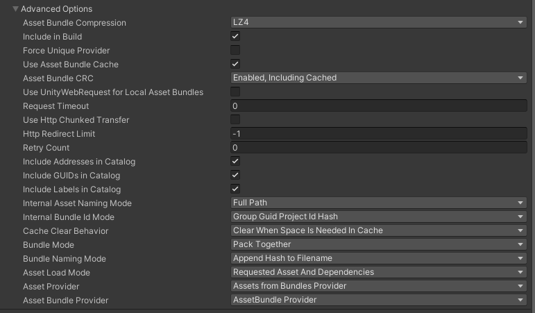 The Advanced Options section of the Addressables Groups window.