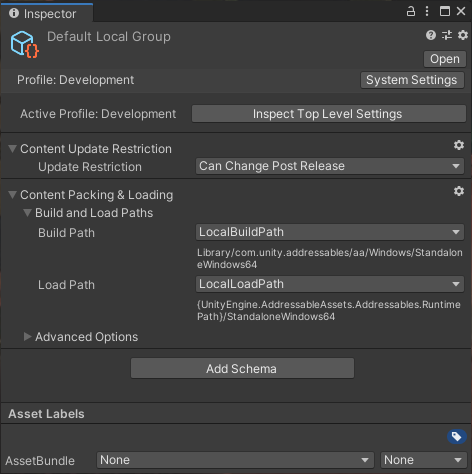 The Inspector window for the Default Local Group.