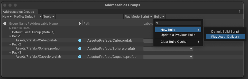 Addressables Groups window displaying Play Asset Delivery selection