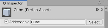 Marking an asset as Addressable in the Inspector window.