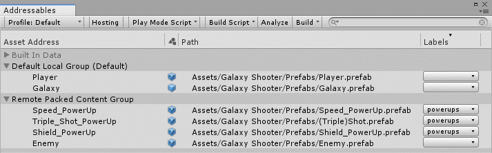 Marking an asset as Addressable in the Addressables window.