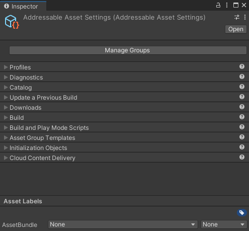 The Addressable Asset Settings Inspector displays the full collapsed list of its different sections.