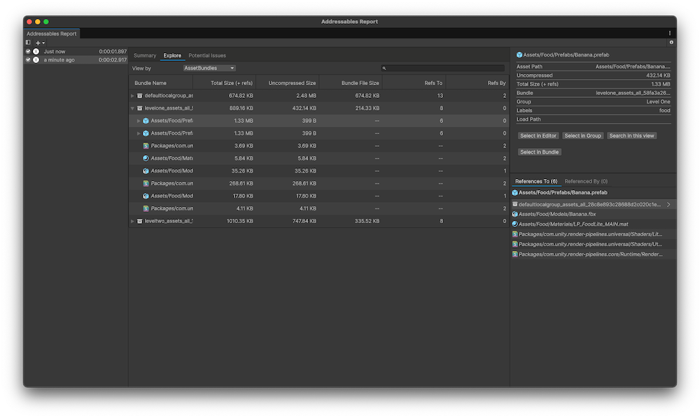 The Addressables Report window with the Explore tab selected and the view sorted by AssetBundles.