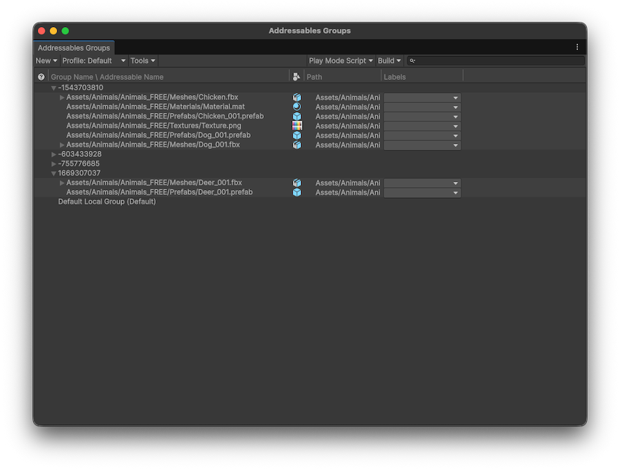 The Addressables Groups window with some automatically created groups.