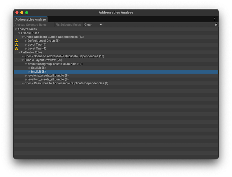 The Addressables Analyze window displaying expanded lists of fixable and unfixable rules.