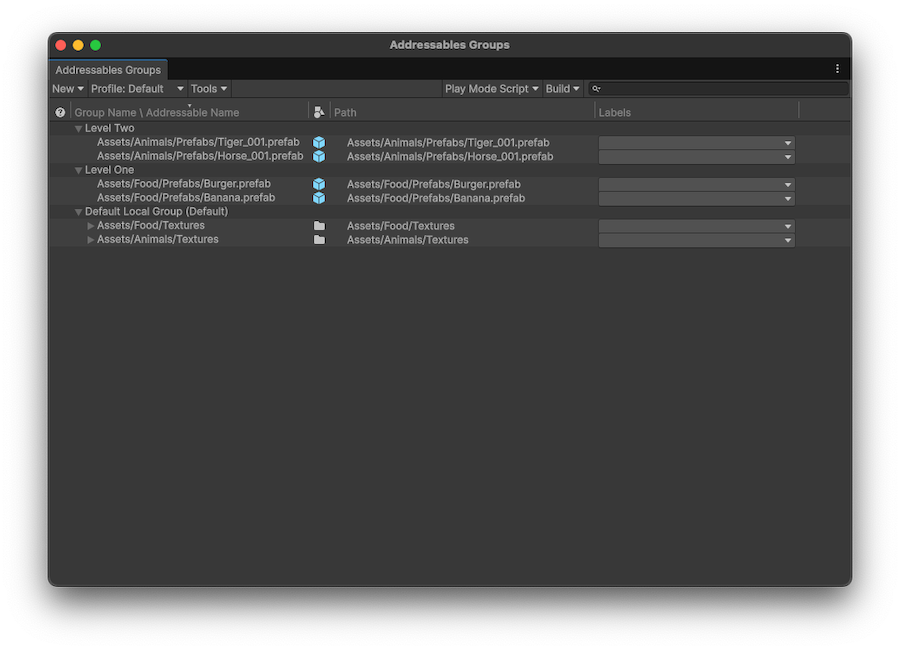 The Addressables Groups window showing the toolbar and list of groups and assets.