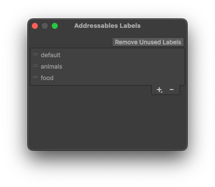 The Labels window displays a configurable list of labels.