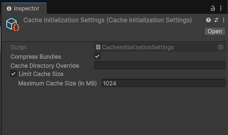 The Inspector window displays the configurable properties of a Cache Initialization Settings asset.