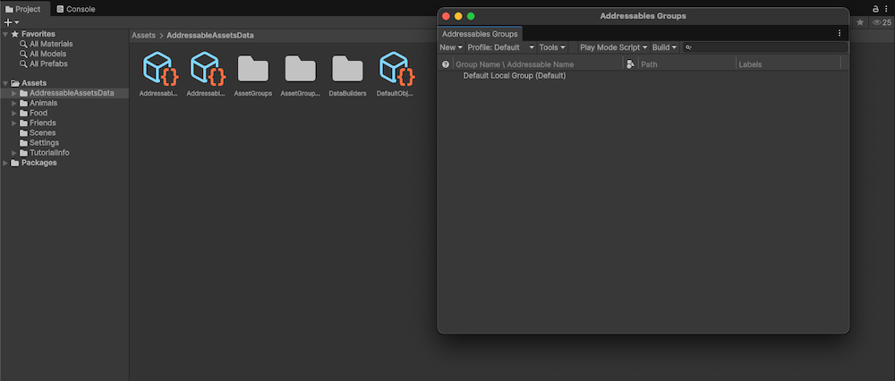 The Addressables Groups window, and the Project window after selecting Create Addressables Settings. The Project window contains an AddressableAssetsData folder in the Assets folder.