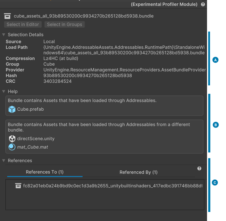 The Inspector window displays the details of selected content from the Addressables Profiler module.