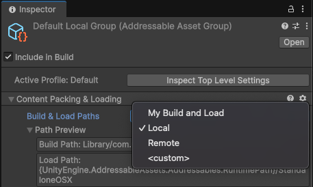 The Group Inspector with the Build & Load Paths dropdown selected. The dropdown displays a custom path pair, My Build and Load.