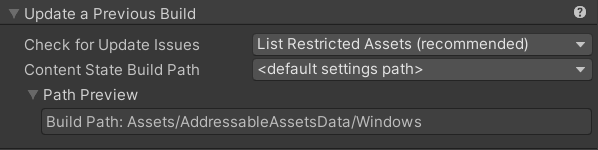 The Update a Previous Build section of the Addressable Asset Settings Inspector window.