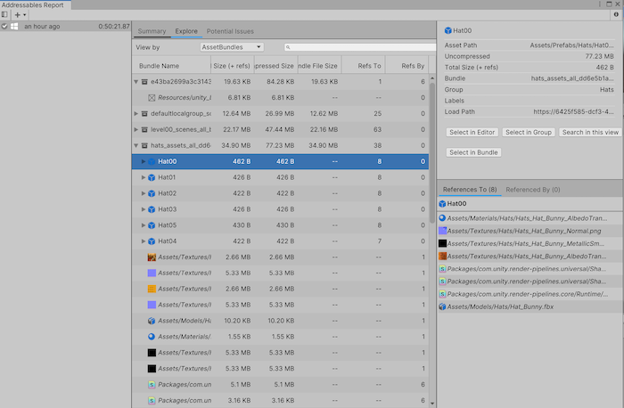 The Addressables Report window with the Explore tab selected and the view sorted by AssetBundles.