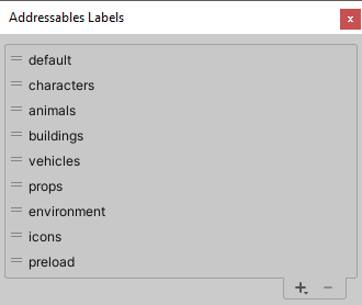 The Labels window displays a configurable list of labels.
