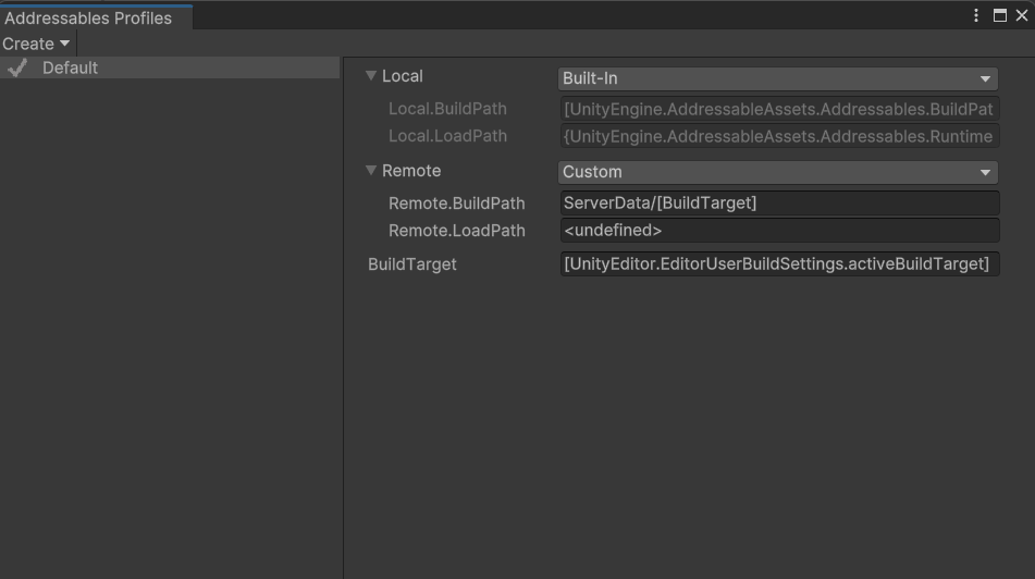 The Addressables Profiles window displaying the default profile.