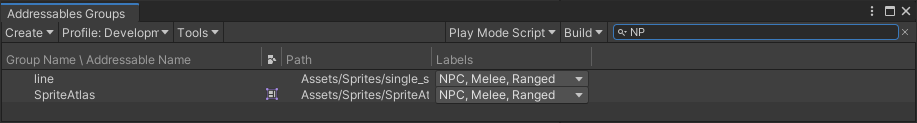 Filtering the group list by the string "NP" to find all assets labeled NPC.