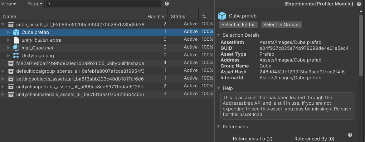 The Profiler details pane with a Prefab asset selected in the Tree view and its details visible in the Details Inspector.