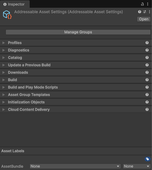 The Addressable Asset Settings Inspector displays the full collapsed list of its different sections.