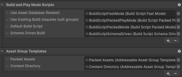 The Build and Play Mode Scripts and Asset Group Templates sections of the Addressable Asset Settings Inspector, showing the Schema Driven Build script and the Content Directory group template that must be removed.